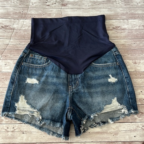 Pinkblush Dark Wash Heavily Distressed Raw Hem Full Panel Maternity Jean Shorts - Picture 3 of 11